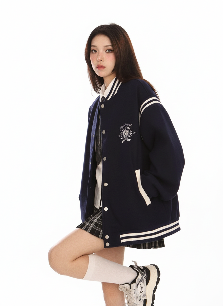 Retro Stand Collar Varsity Jacket in Navy Blue #pose_variant #color_navy-blue