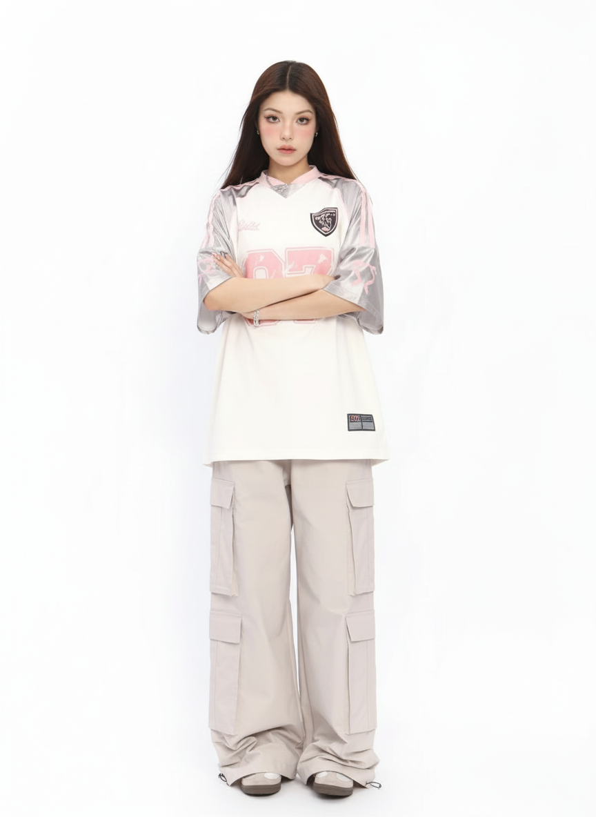 Raglan Sleeve V Neck Jersey in White #pose_variant #color_white