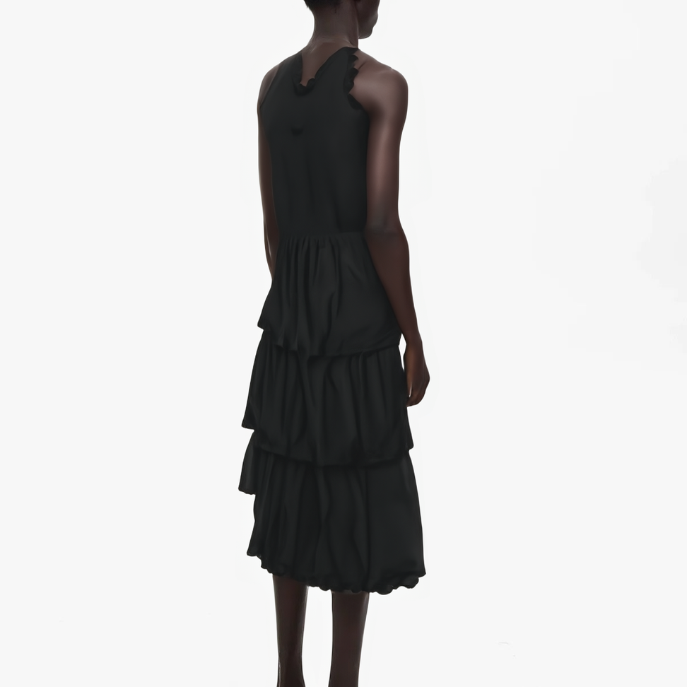 Tiered Lace Trim Slip Dress in Black - Male Model #color_black