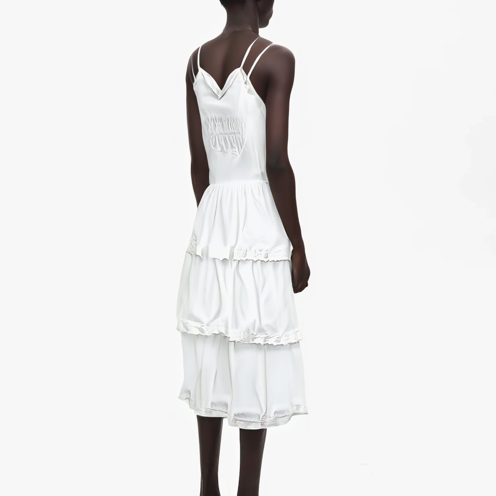 Tiered Lace Trim Slip Dress in White - Male Model #color_white