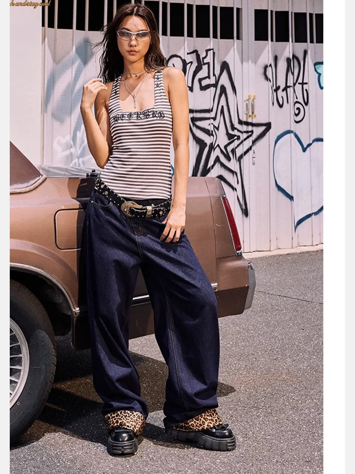 BeerBro Leopard Cuff Wide Leg Jeans in Blue - On Model