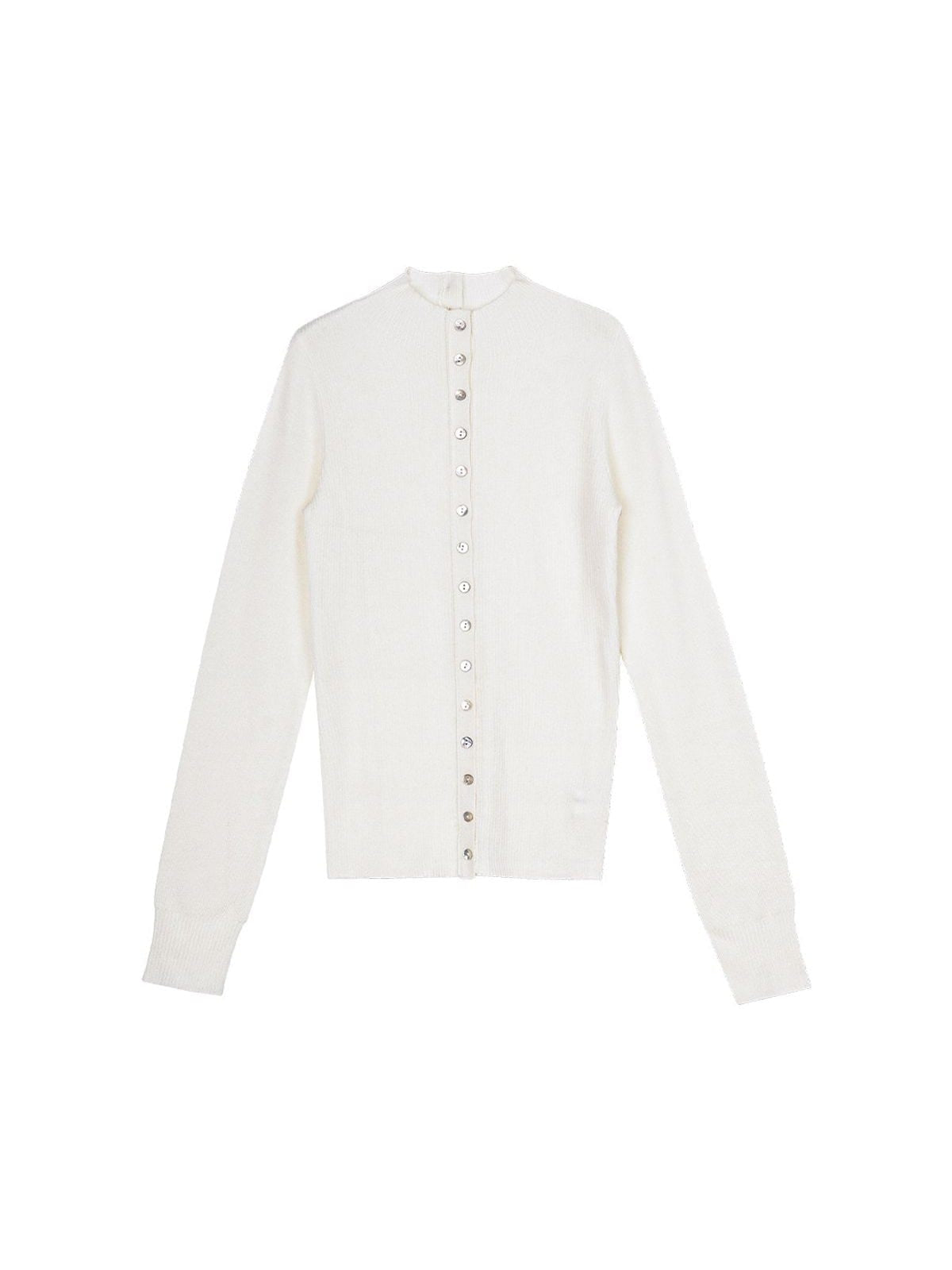 Simple Project High Neck Ribbed Wool Cardigan in White