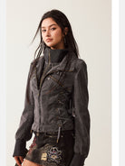 BeerBro Mock Layer Cotton Biker Jacket in Gray - On Model