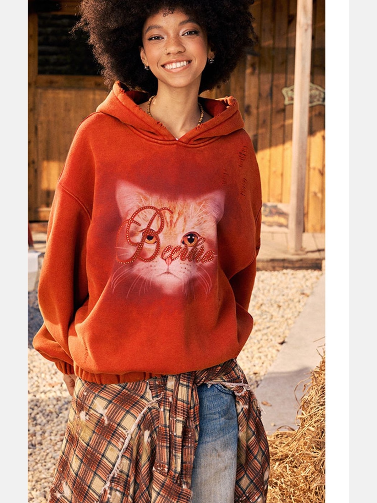 Beer Bro Distressed Cat Graphic Hoodie in Orange - On Model
