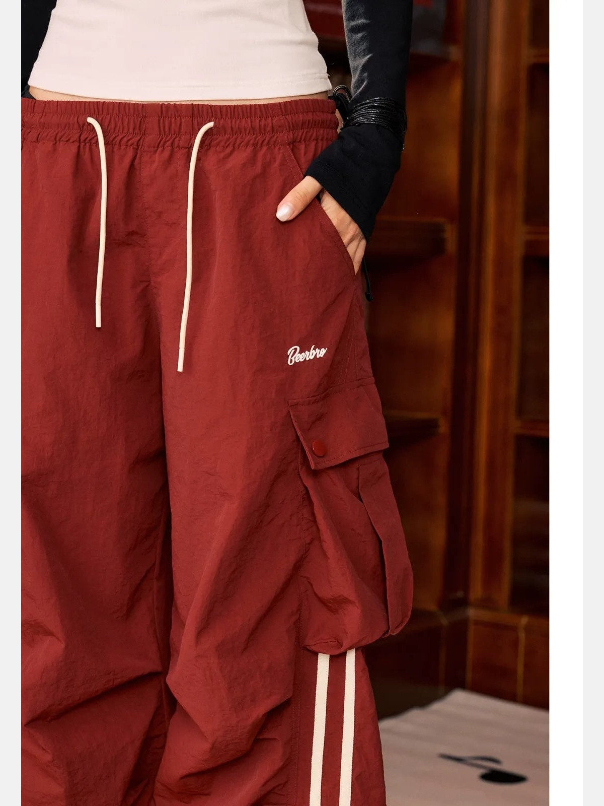 BeerBro Contrast Stripe Cargo Pants in Red - On Model