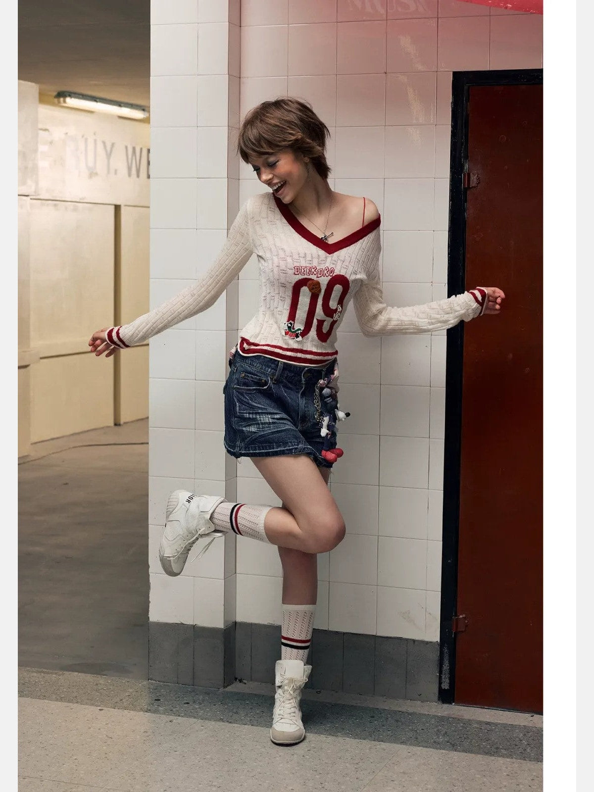 BeerBro Puppy Patch Sheer Knit V Neck in White - On Model