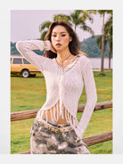 BeerBro Western Fringe Wool Cardigan in Beige