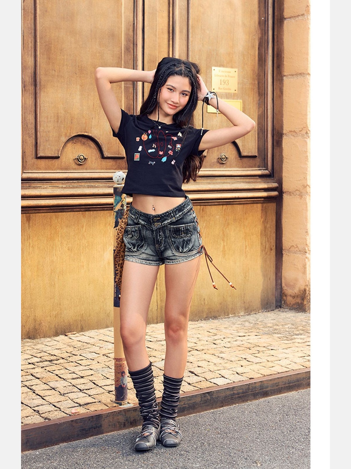 BeerBro Embroidered Apple Crop Tee in Black - Lifestyle