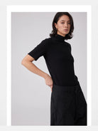 Simple Project Slub Knit Mock Neck Top in Black - On Model
