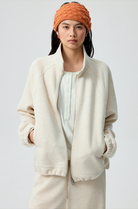 Simple Project Ruffled Stand Collar Zip Up Sweatshirt in Beige - On Model