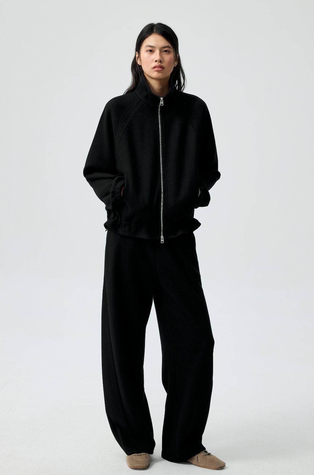 Simple Project Ruffled Stand Collar Zip Up Sweatshirt in Black - On Model