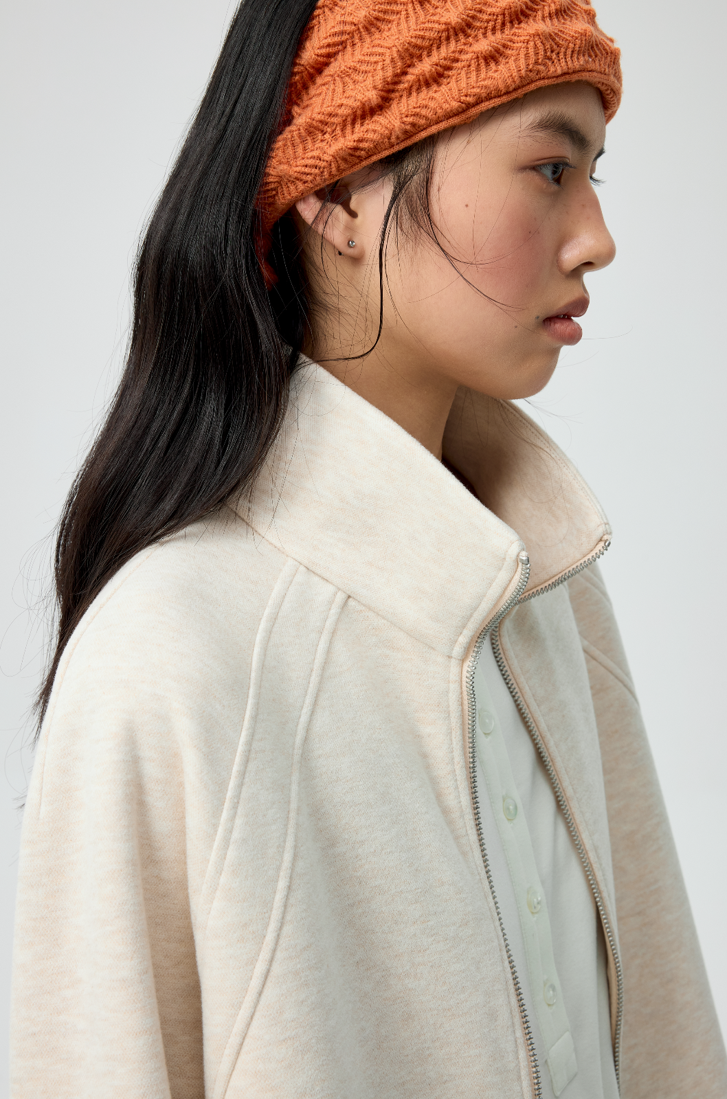 Simple Project Ruffled Stand Collar Zip Up Sweatshirt in Beige - Detail