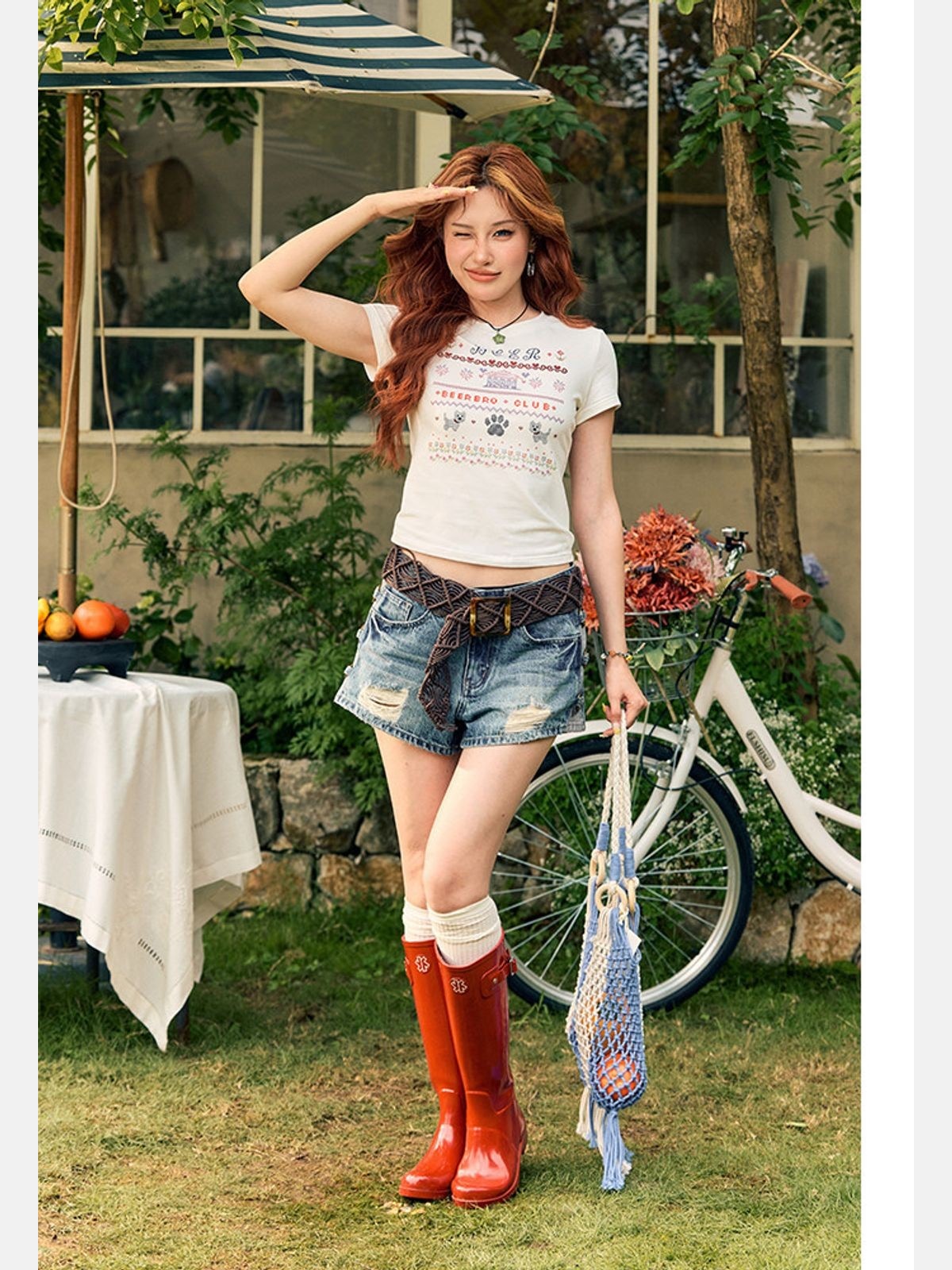 BeerBro Mosaic Puppy Graphic Baby Tee in White - On Model