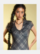 BeerBro Plaid V Neck Collared Top in Gray - On Model