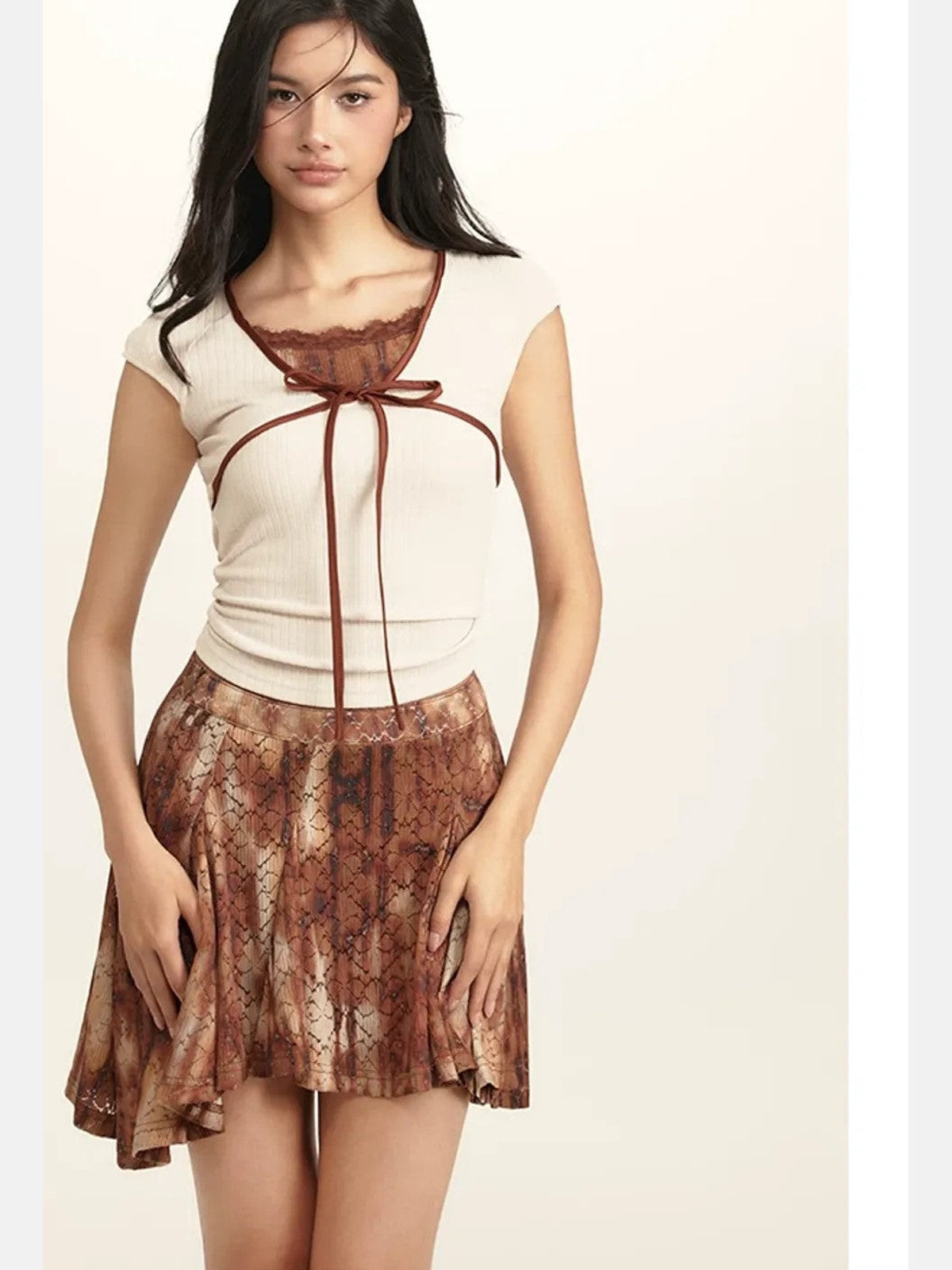 BeerBro Ribbon Tie Mock Two Piece Top in Apricot