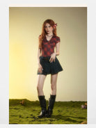 BeerBro Plaid V Neck Collared Top in Burgundy - On Model