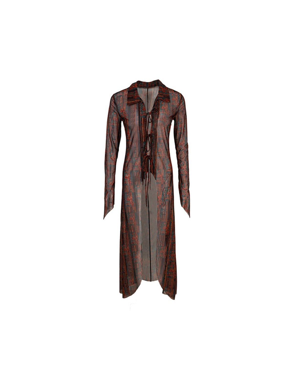 THELIGHT OFFICIAL Printed Mesh Tie Front Maxi Cardigan in Red