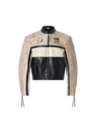 BLINDNOPLAN Color Block Faux Leather Moto Jacket in Cream