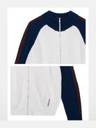 SHUSHUTONG Color Block Wool Zip Cardigan in White - Detail