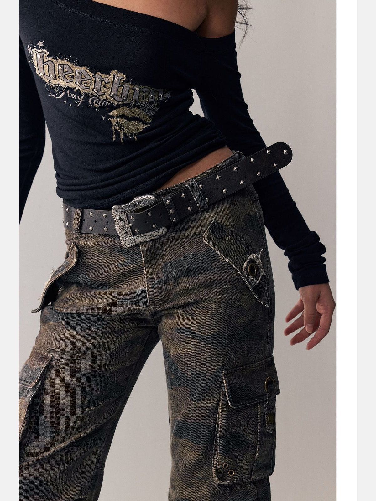 Beer Bro Washed Camo Micro Flare Cargo Pants in Brown - On Model