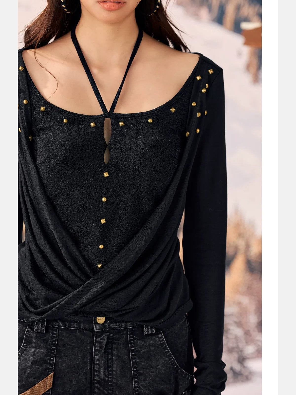 BeerBro Lyocell Crossover Cowl Neck Top in Black - On Model