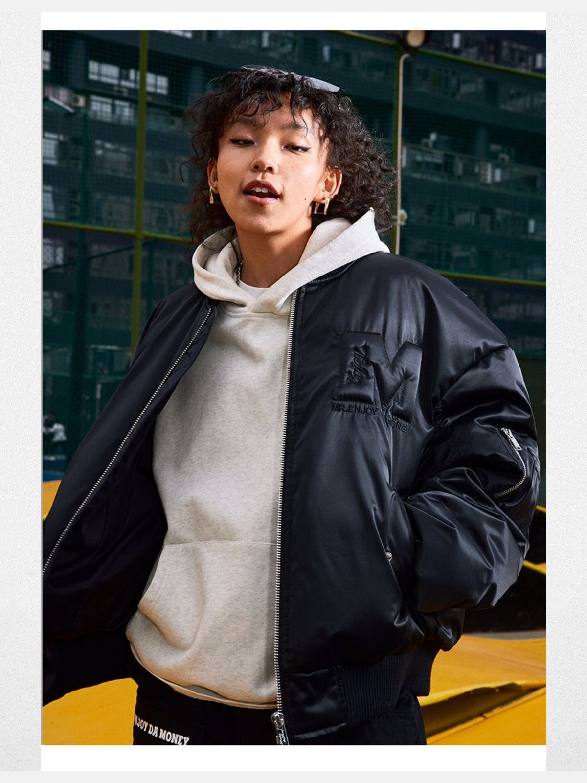 MEDM Oversized Duck Down MA1 Bomber in Black - On Female Model