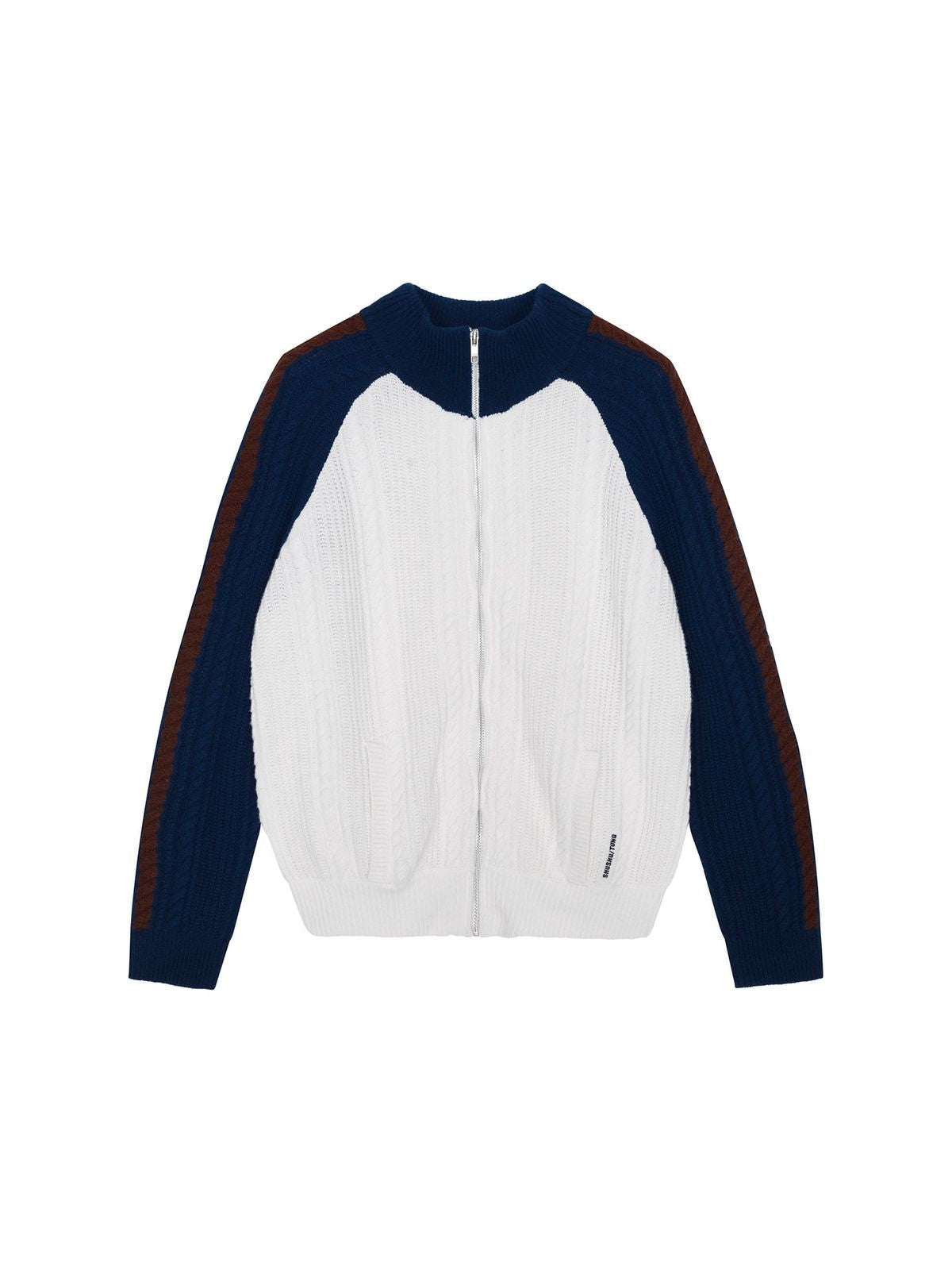 SHUSHUTONG Color Block Wool Zip Cardigan in White