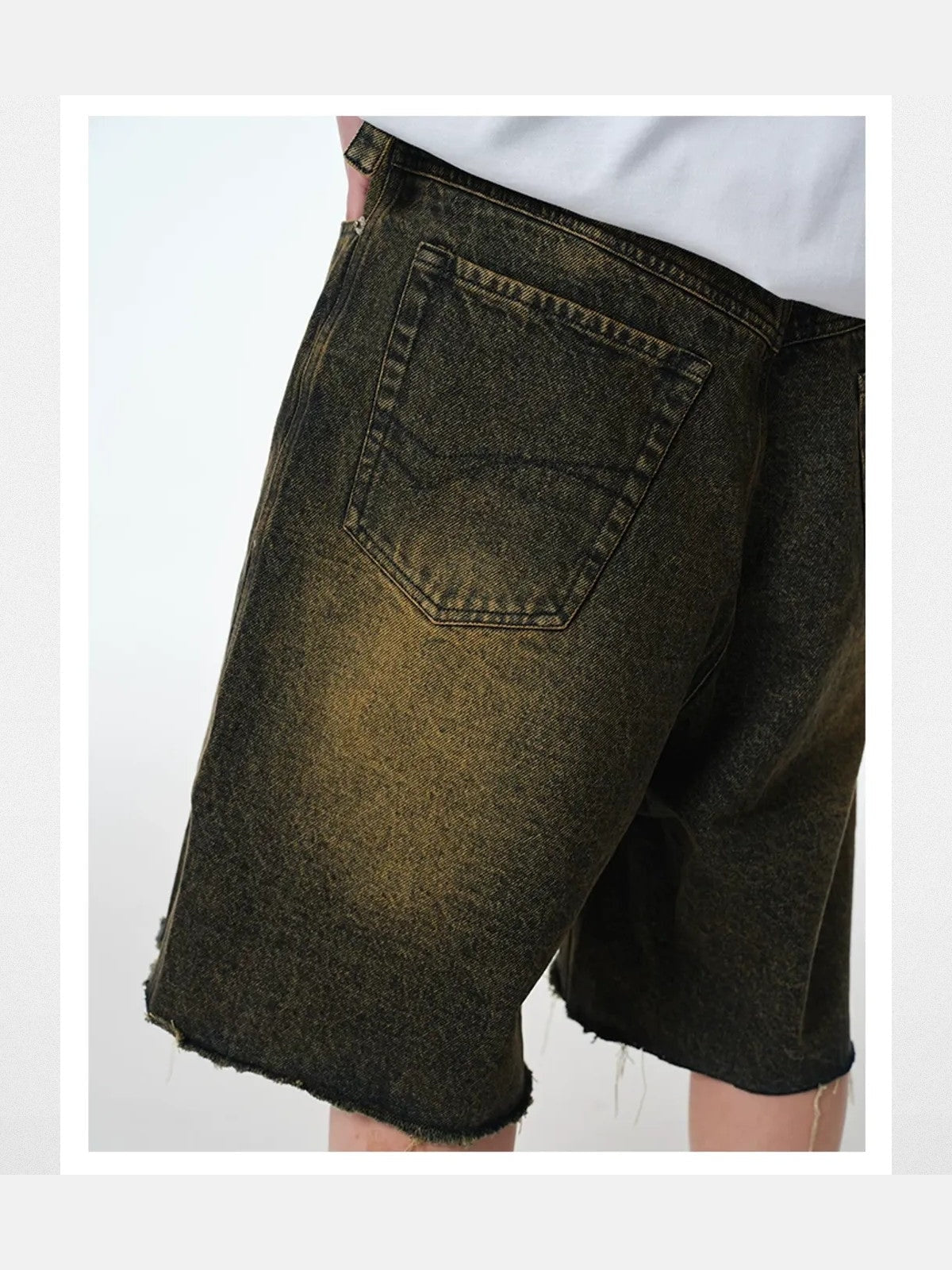 TRIANGLE PROJECT Washed Distressed Yellow Tint Denim Shorts in Denim - On Male Model