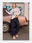 BeerBro Leopard Cuff Wide Leg Jeans in Blue - On Model