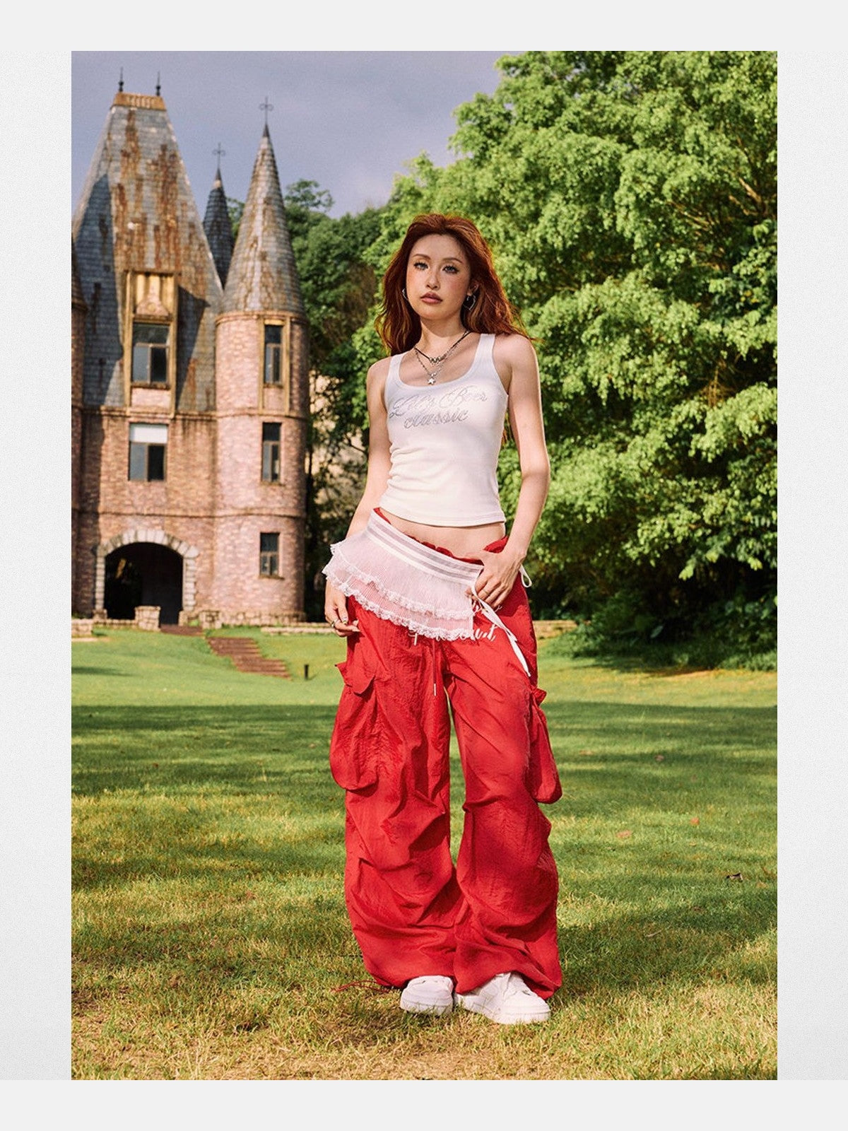 BeerBro Graphic Baggy Cargo Pants in Red - Lifestyle