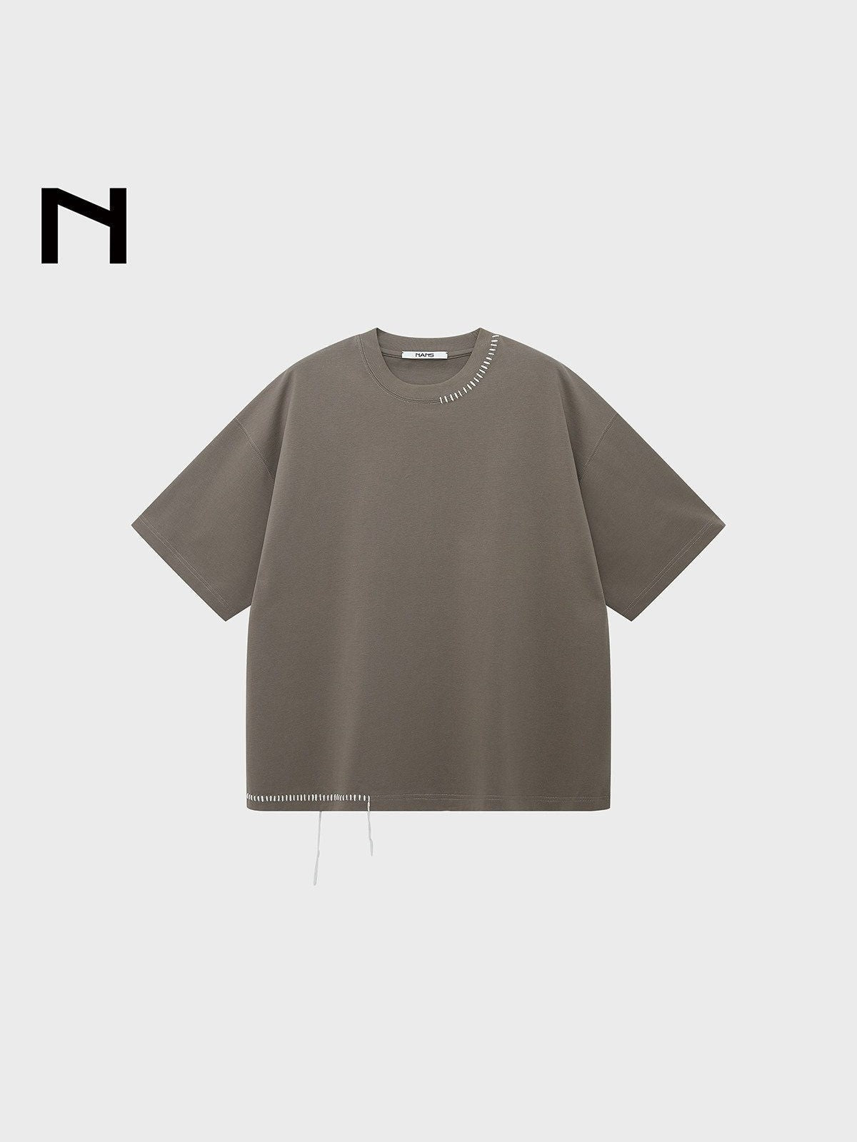 NANS Hand Stitched Fringe Oversized Tee in Beige