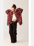 Beer Bro Rhinestone Plaid Shirt Jacket in Black - On Model