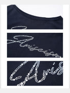 Ariseism Asymmetric Off Shoulder Rhinestone Sweatshirt in Navy Blue - Detail