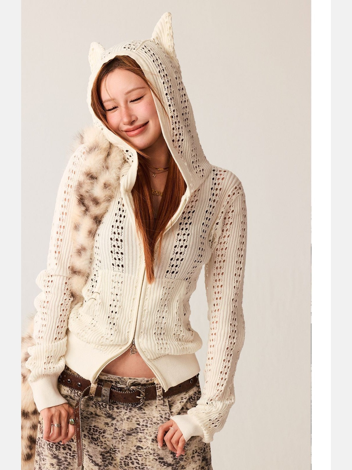 BeerBro Devil Horn Open Knit Cardigan in White - On Model