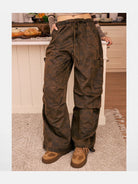 BeerBro Washed Camo Parachute Cargo Pants in Brown - On Model