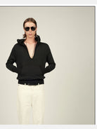 FaxCopyExpress Fleece Lined Deep V Neck Hoodie in Black - On Model