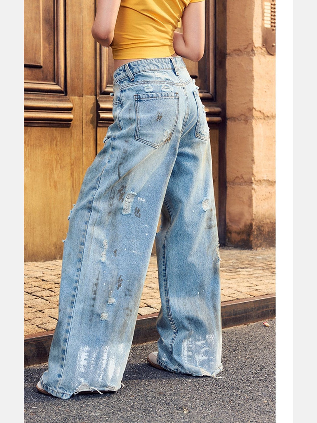 BeerBro Distressed Dirty Wash Relaxed Jeans in Blue - On Model