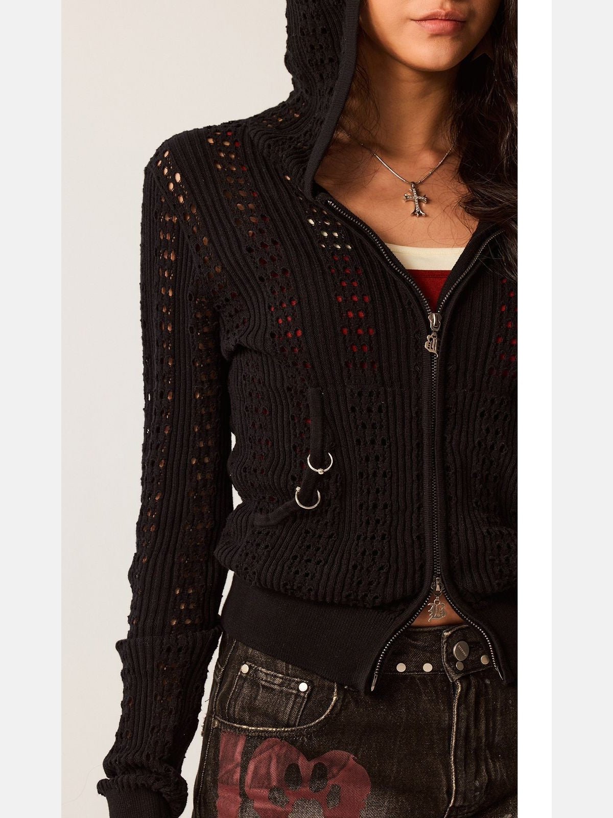 BeerBro Devil Horn Open Knit Cardigan in Black - Detail