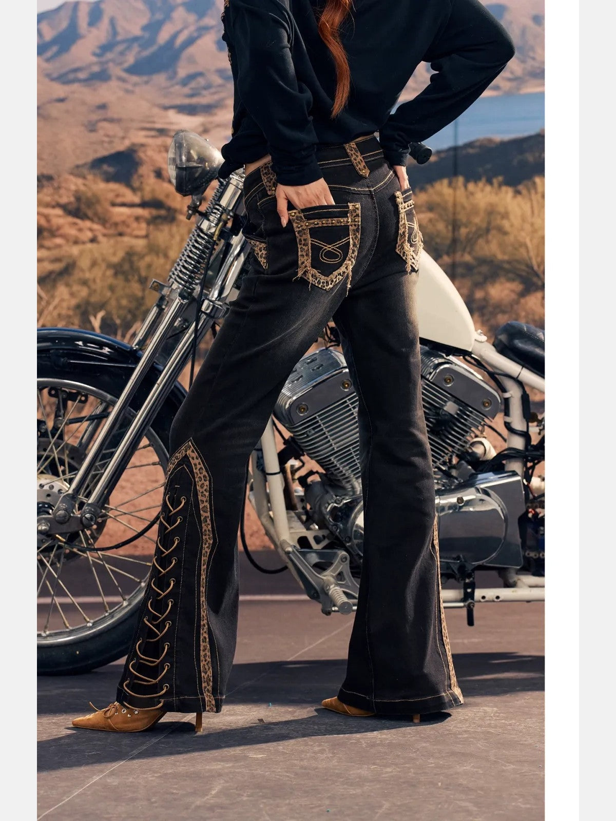 BeerBro Leopard Panel Lace Up Flare Jeans in Denim - Lifestyle