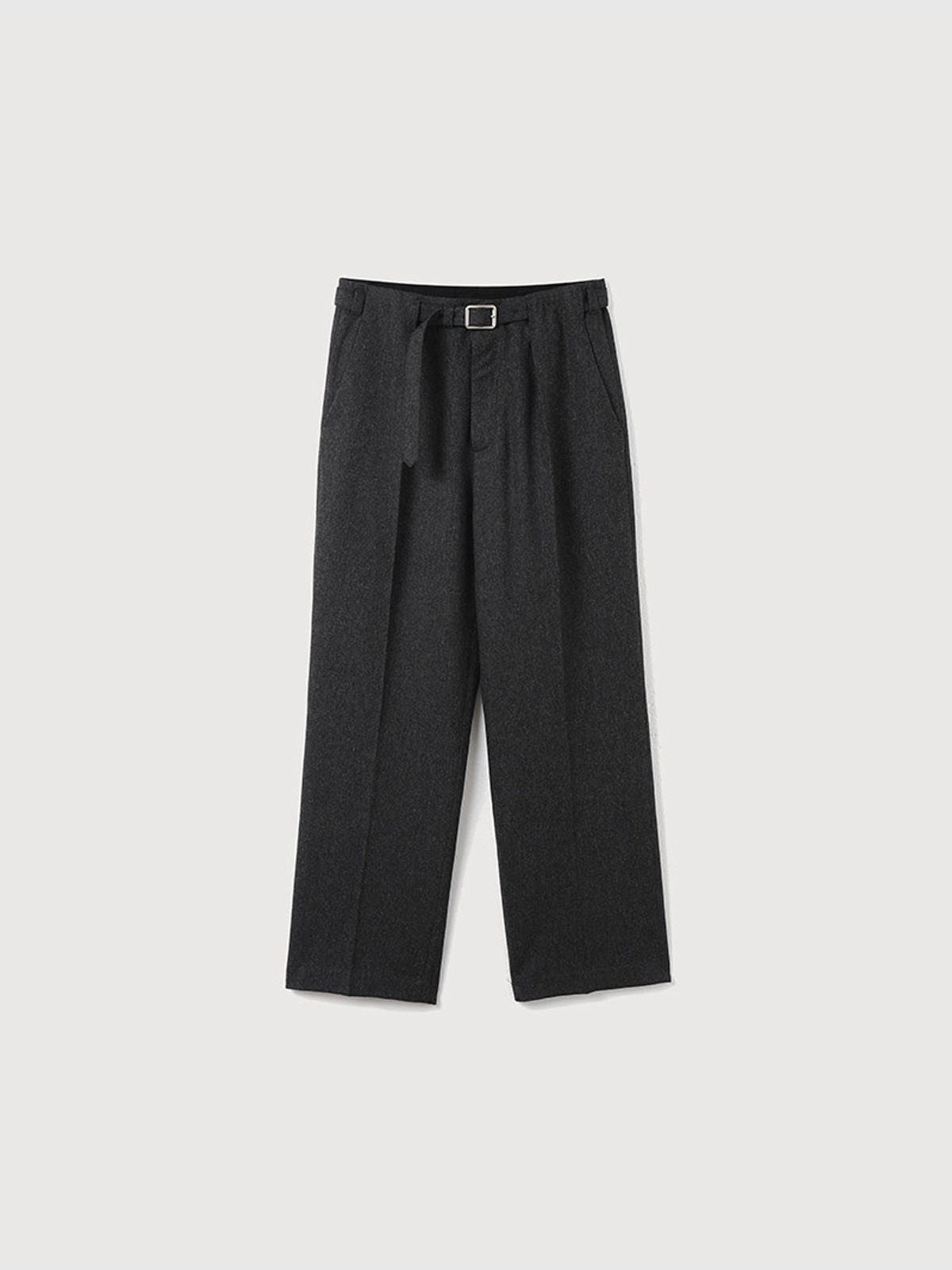 ROYA Belted Double Pleated Wool Trousers in Gray