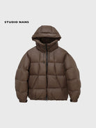 NANS Micro Check Hooded Down Puffer in Brown