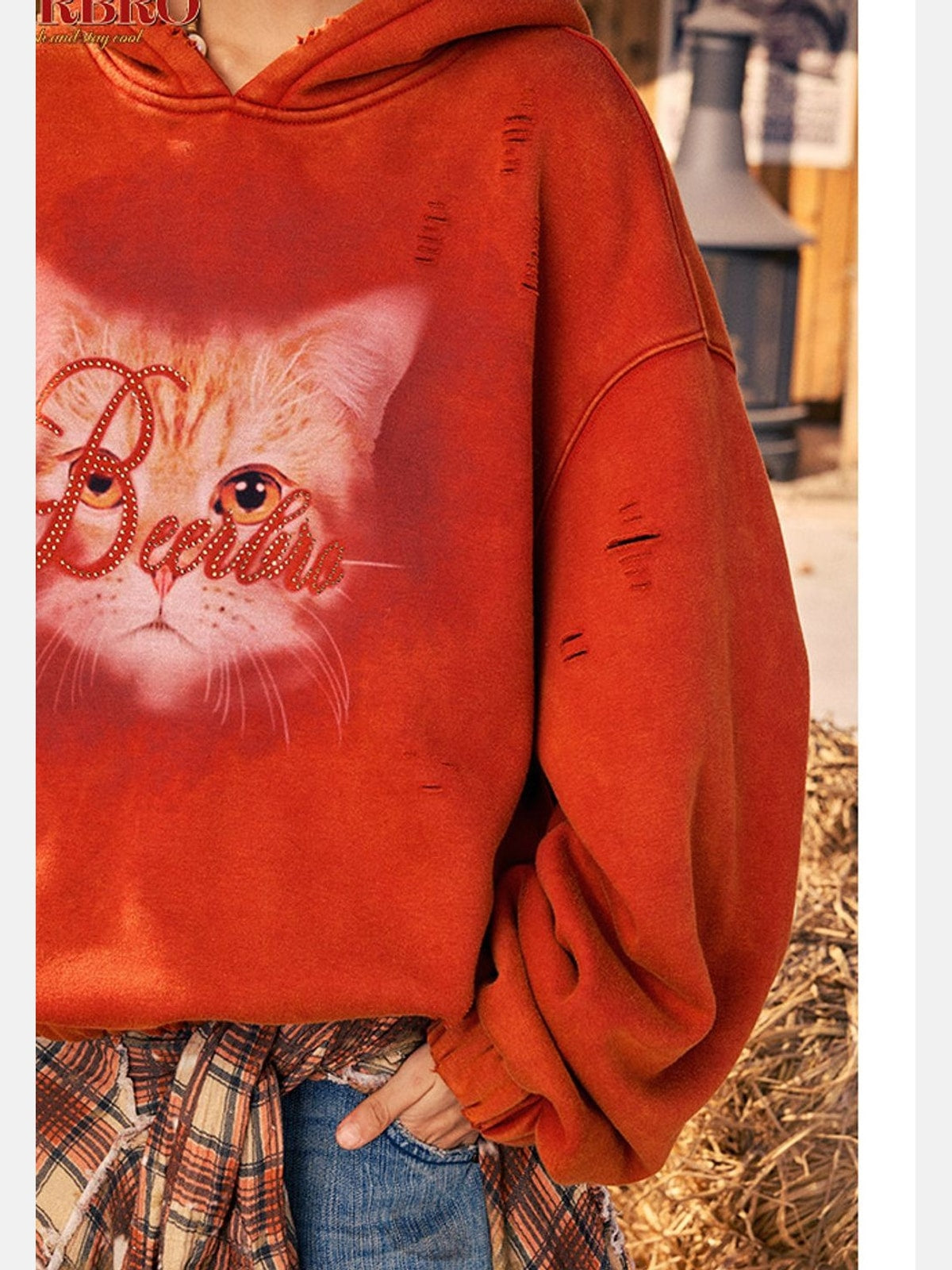 Beer Bro Distressed Cat Graphic Hoodie in Orange - On Model