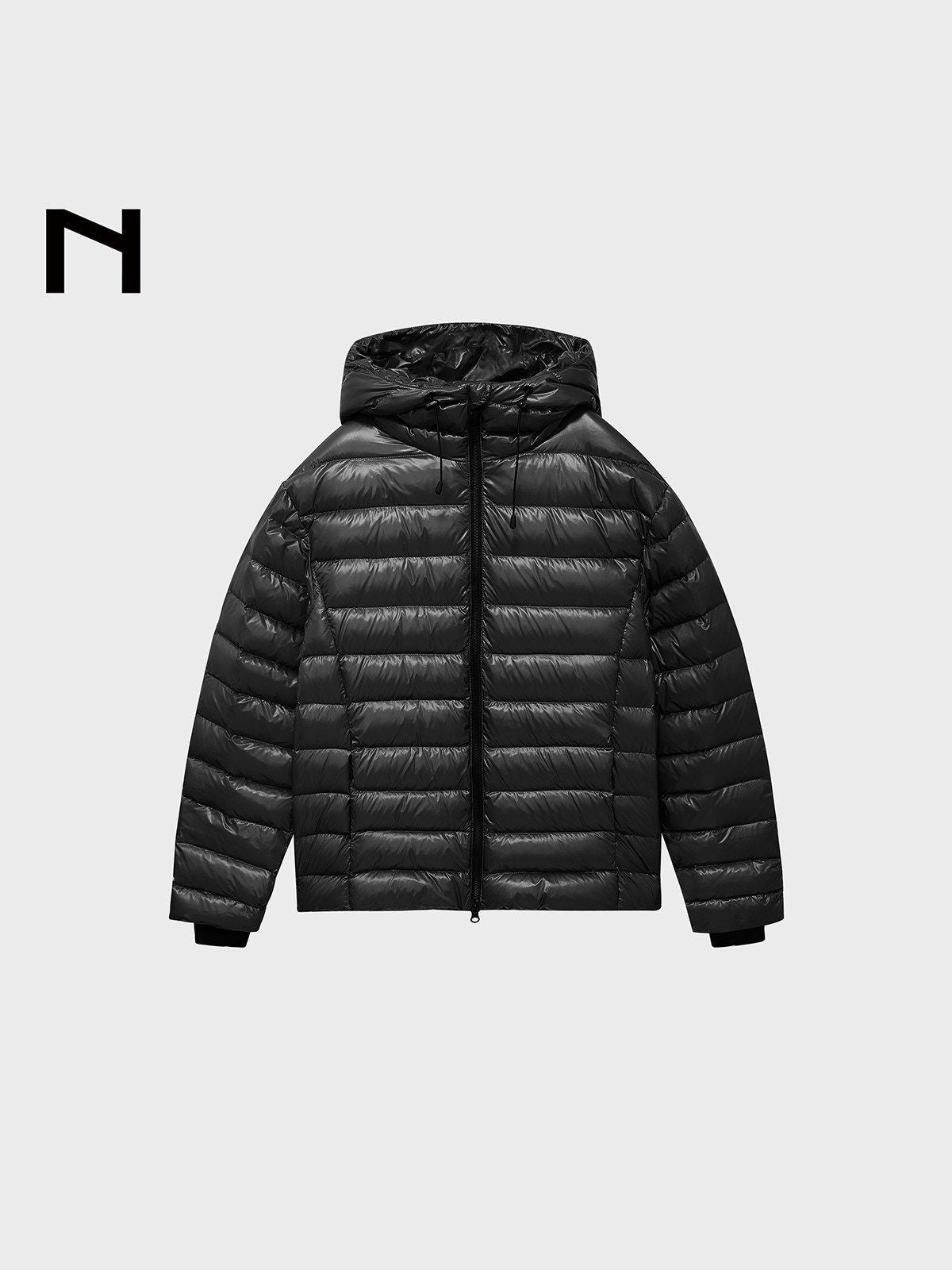 NANS Glossy Nylon Hooded Down Puffer in Black