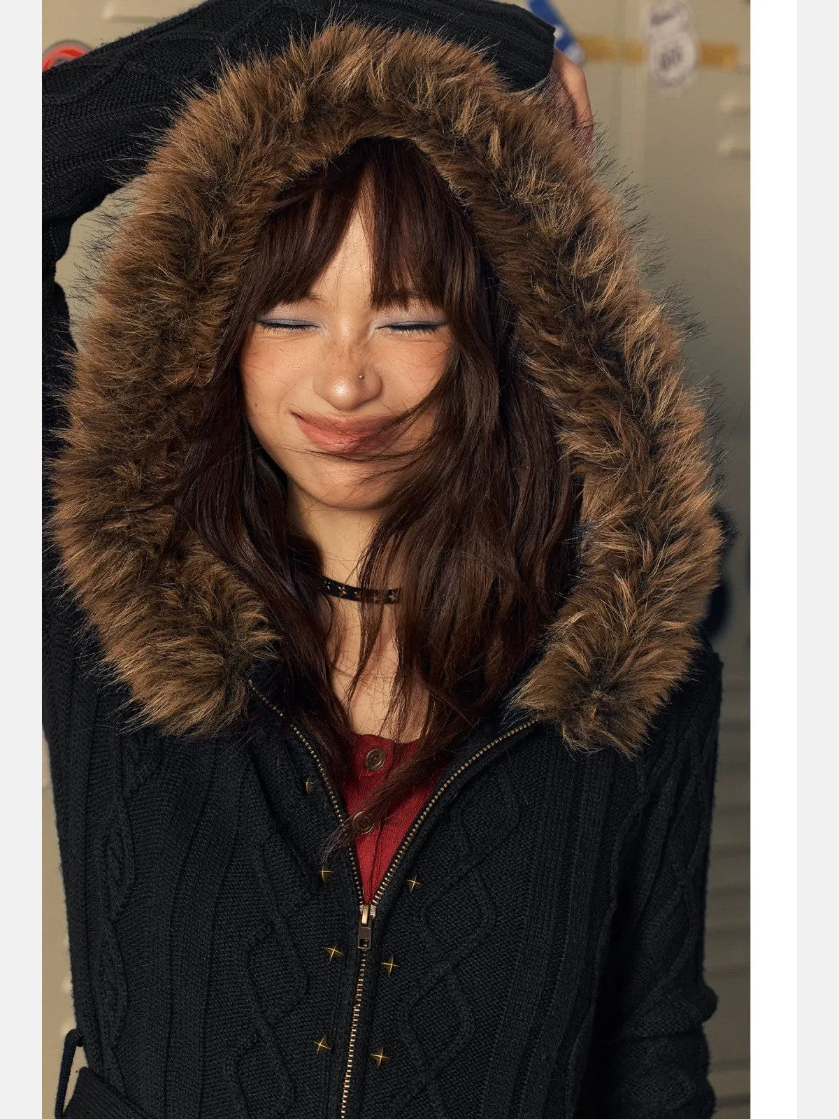 BeerBro Faux Fur Trim Wool Cardigan in Black - On Model