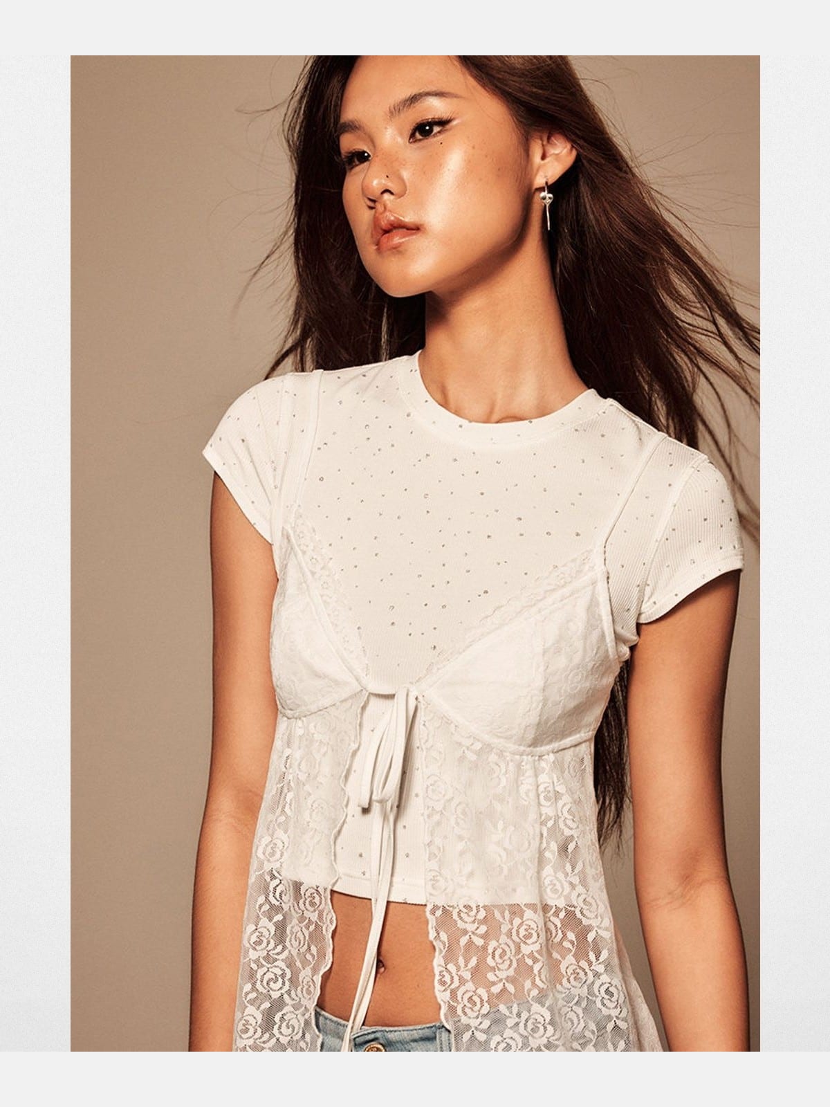 Beer Bro Tie Front Split Lace Camisole in White - On Model