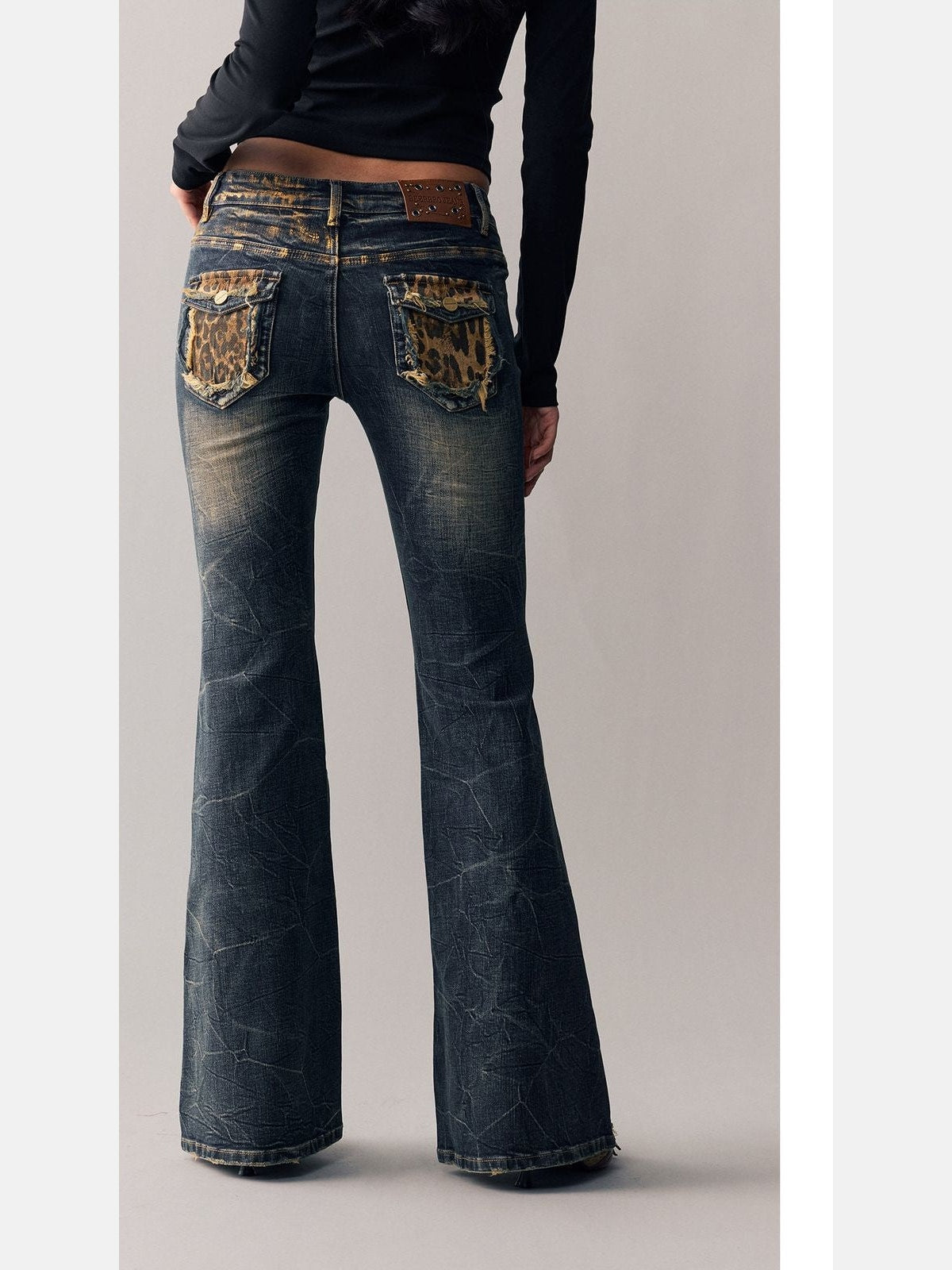 BeerBro Leopard Pocket Flared Jeans in Blue - On Model