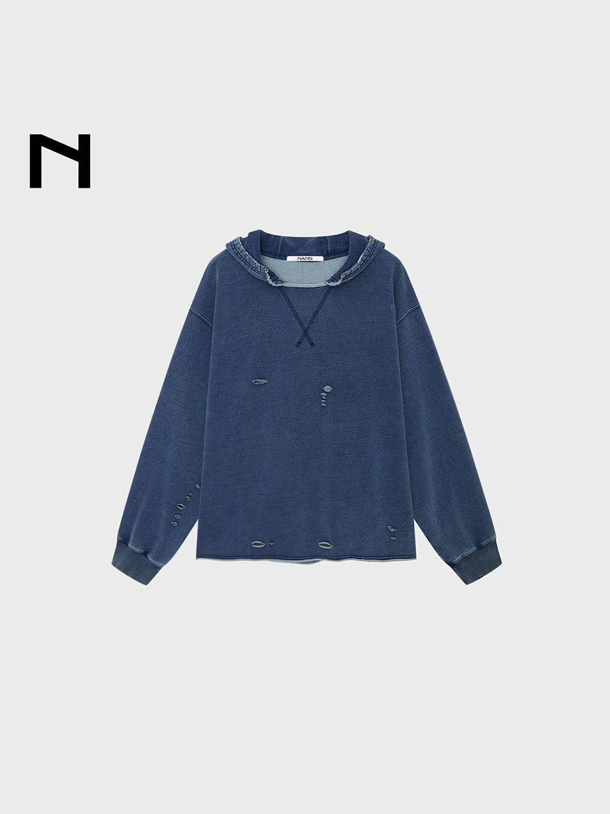 NANS Distressed Heavyweight Cotton Hoodie in Denim