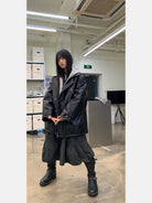 NeverSeez Padded PU Leather Trench Coat in Black - On Female Model