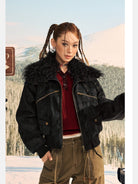 Beer Bro Faux Fur Collar PU Suede Bomber in Black - On Model