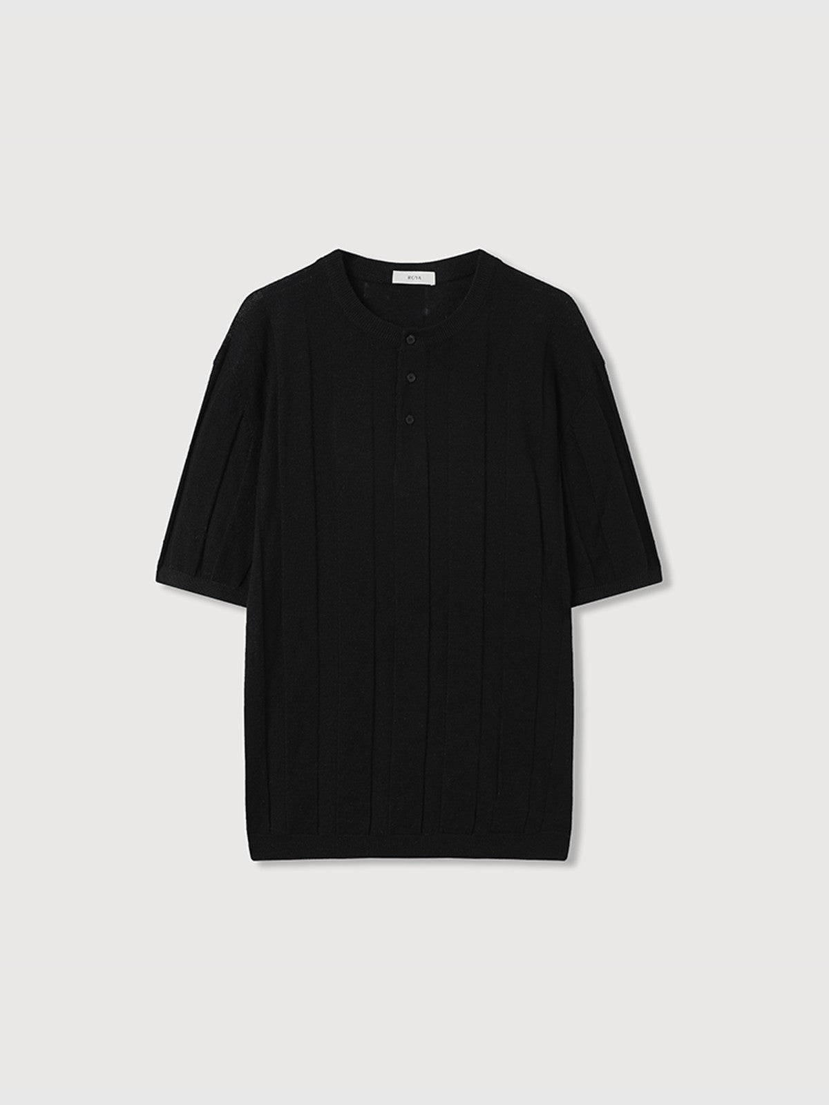 ROYA Linen Cotton Jacquard Henley in Black